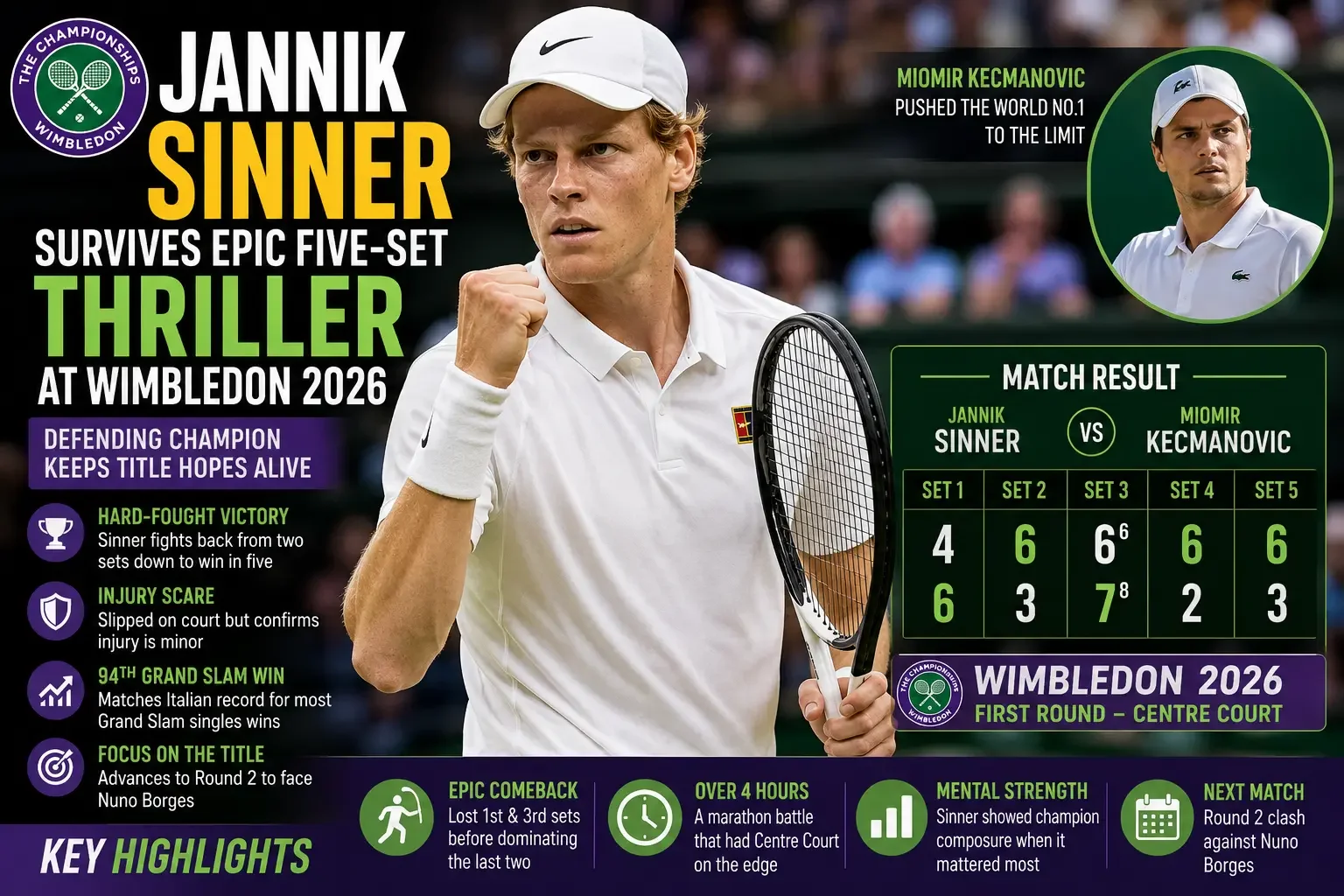 Jannik Sinner Survives Epic Five-Set Battle Against Miomir Kecmanovic at Wimbledon 2026
