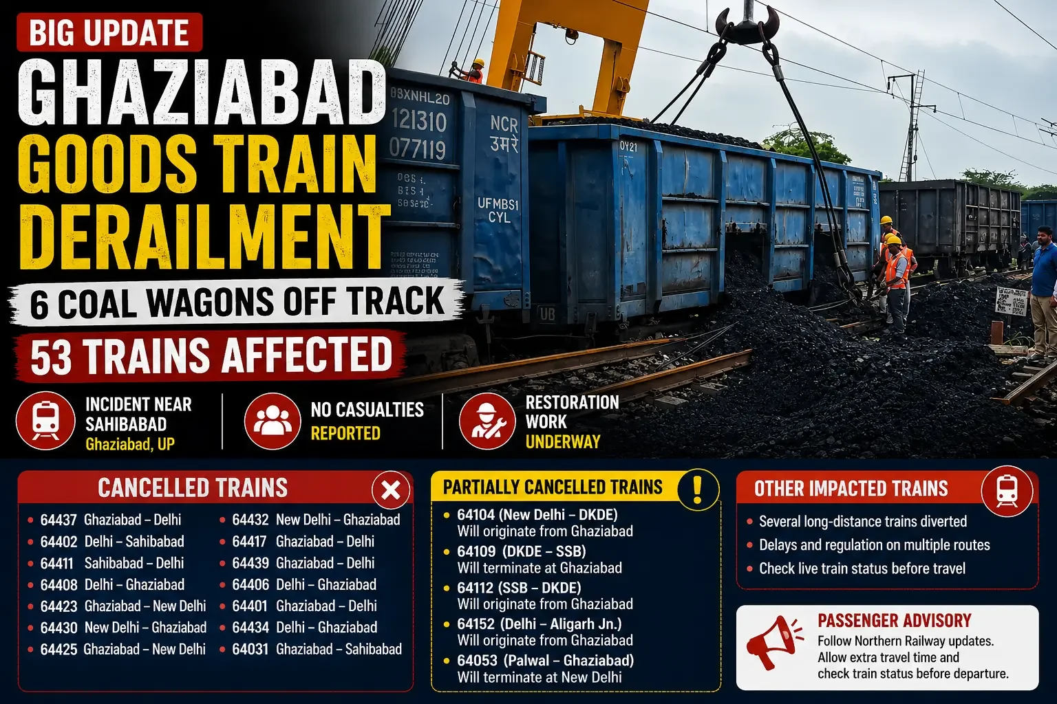 Ghaziabad Goods Train Derailment: 6 Coal Wagons Derail Near Sahibabad, 53 Trains Affected; Several Services Cancelled