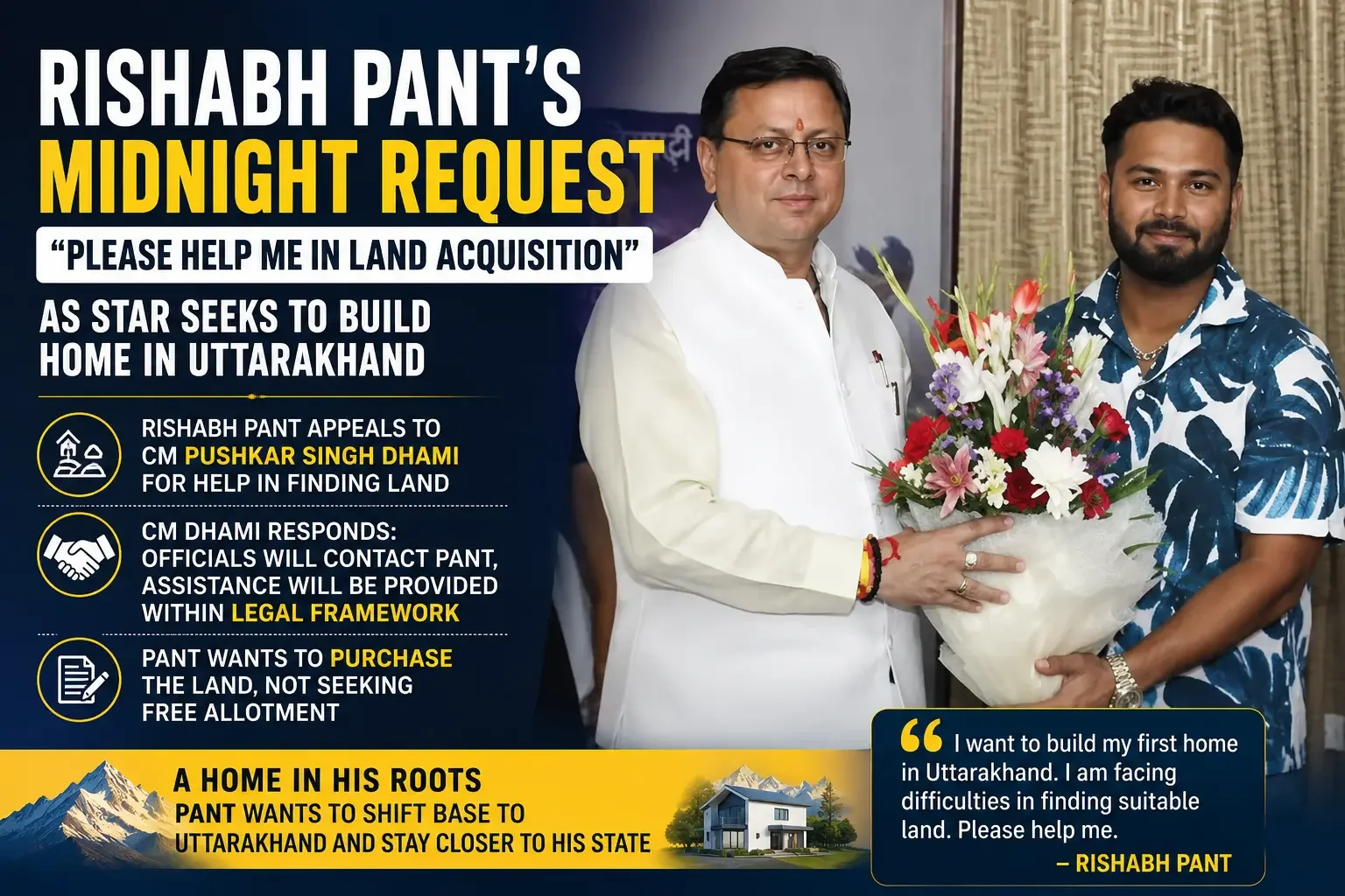 Rishabh Pant Seeks Uttarakhand CM’s Help to Buy Land, Wants to Build His First Home in Home State