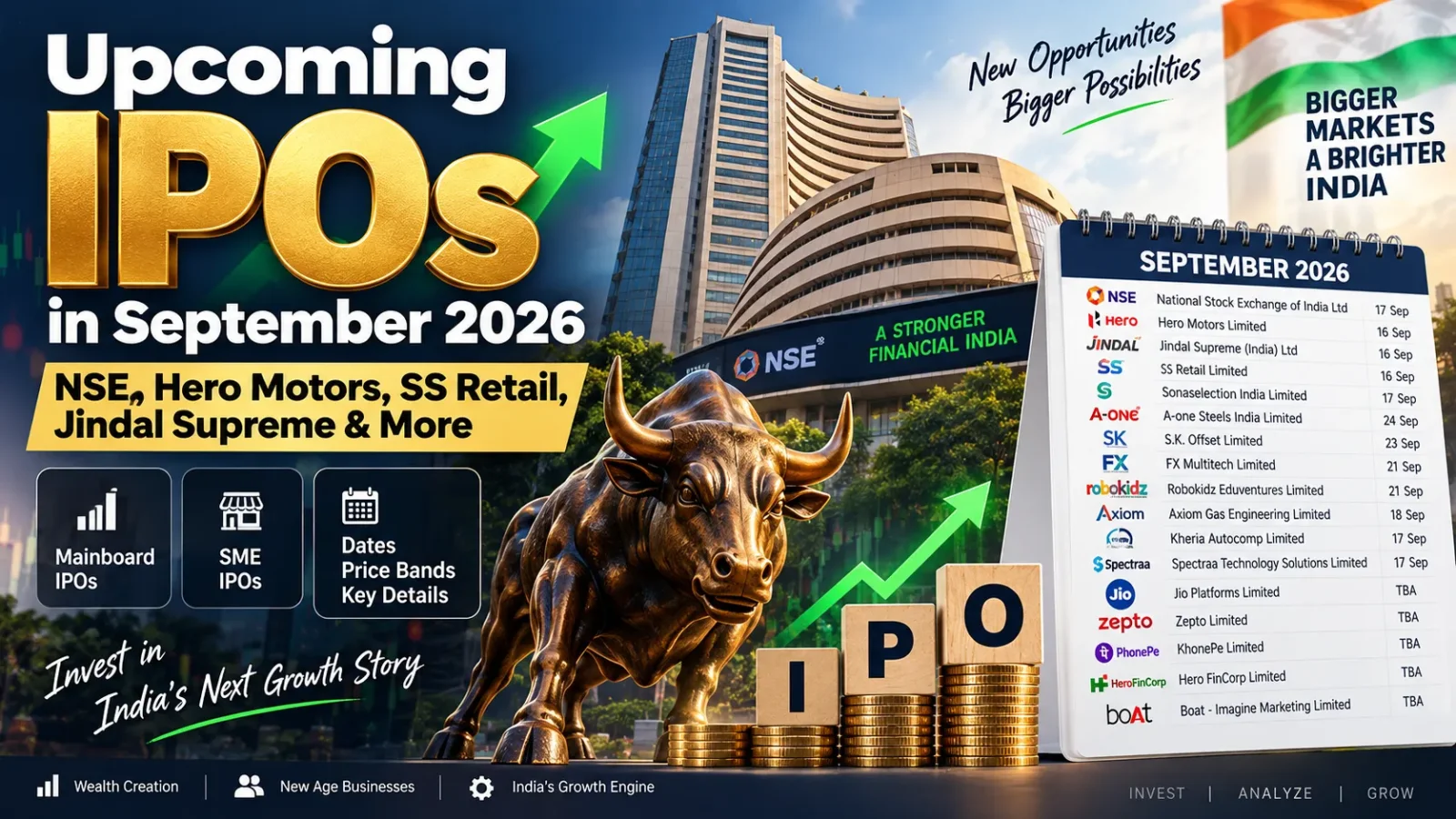 Upcoming IPOs September 2026: NSE, Hero Motors, SS Retail, Jindal Supreme & More